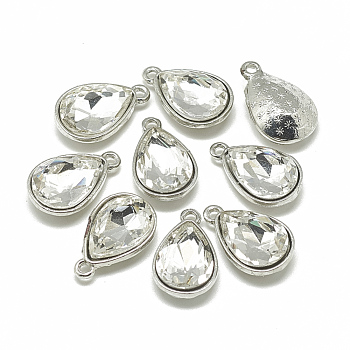 Alloy Glass Pendants, Faceted, teardrop, Platinum, Clear, 19x12x6mm, Hole: 1.5mm
