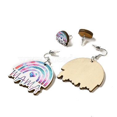 Mother's Day Theme Rainbow with Word Mama Wood Studs & Dangle Earrings Set(SJEW-K002-05)-2