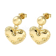 Heart Brass Stud Earrings Findings, for Half Drilled Beads, Long-Lasting Plated, Lead Free & Cadmium Free, Real 18K Gold Plated, 22x15.5mm, Pin: 0.8x11mm(for Half Drilled Beads) and 0.6mm(EJEW-A045-10G)