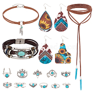 Elite Imitation Leather Oval & Teardrop Finger Rings & Multi-strand Bracelet & Dangle Earrings & Lariat Necklace with Synthetic Turquoise, Alloy Jewelry Set for Women, Mixed Color, Inner Diameter: 15.4~17.8mm, 210mm, 82~85mm, 13.62 inch(346mm)(SJEW-PH0001-12)