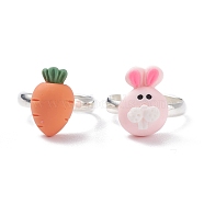 2Pcs 2 Style 3D Rabbit & Carrot Resin Adjustable Rings Set, Brass Jewelry for Women, Mixed Color, US Size 4 1/4(15mm), 1pc/style(RJEW-JR00445)