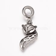 304 Stainless Steel European Dangle Charms, Large Hole Pendants, Fox, Antique Silver, 32.5mm, Hole: 5mm, Pendant: 22.5x13x3mm(OPDL-G006-33AS)