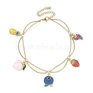 Alloy Enamel Fruit Charm Anklet, with Ion Plating(IP) Light Gold 304 Stainless Steel Cable Chains, Blueberry, 8-1/4 inch(21cm)(AJEW-AN00560-01)