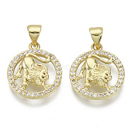 Brass Micro Pave Cubic Zirconia Pendants, Nickel Free, with Snap on Bail, Flat Round with Constellation, Clear, Real 18K Gold Plated, Leo: 17.5x15x3mm, Hole: 4x3mm(ZIRC-S061-199G-G-NF)