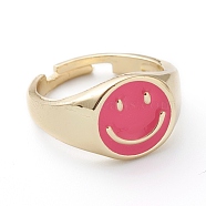 Adjustable Brass Enamel Finger Rings, Long-Lasting Plated, Smiling Face, Real 18K Gold Plated, Hot Pink, US Size 7 1/4(17.5mm)(RJEW-Z006-E-03)