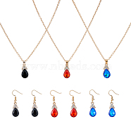 3 Sets 3 Colors Rhinestone Teardrop Dangle Earrings & Pendant Necklace, Light Gold Plated Alloy Jewelry Set for Women, Mixed Color, 423mm, 39x12.5mm, 1 Set/color(SJEW-FI0001-27)