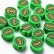 Handmade Polymer Clay Beads,  Flat Round with Eye, Spring Green, 9~10x4~5mm, Hole: 1.8mm(CLAY-N008-045I)