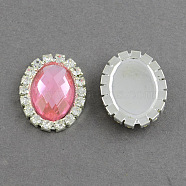 Shining Flat Back Faceted Oval Acrylic Rhinestone Cabochons, with Grade A Crystal Rhinestones and Brass Cabochon Settings, Silver Color Plated Metal Color, Pale Violet Red, 25x20x5mm(RB-S020-08-B02)