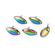Rianbow Color 304 Stainless Steel Stud Earring Findings, with Hole, Horse Eye, Rainbow Color, 16x7.5mm, Hole: 1mm, Pin: 0.7mm(STAS-N098-021)