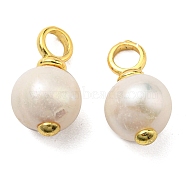 Natural Pearl Pendeants, Round Charms with Rack Plating Brass Findings, Lead Free & Cadmium Free, Long-Lasting Plated, Real 18K Gold Plated, 16x9x9mm, Hole: 3.5mm(KK-D026-24G)