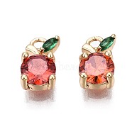 Brass Charms, with Red & Green Cubic Zirconia, Apple, Real 18K Gold Plated, 9x5x3mm, Hole: 1.2mm(X-KK-Q764-023)