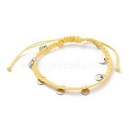 Waxed Polyester Cord Braided Bead Bracelets, with Flat Round 304 Stainless Steel Stamping Blank Tag Charms, Yellow, Inner Diameter: 2-1/4~3-7/8 inch(5.8~9.8cm)(BJEW-JB05762-05)