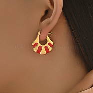 Fashionable Delicate Simple Color Block Fan-shaped Stainless Steel Hoop Earrings for Women, with Enamel, Golden, Red, 27x25mm(LW7077-2)