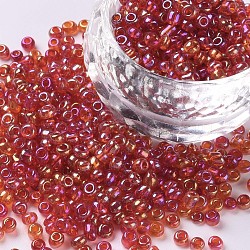 8/0 Round Glass Seed Beads, Transparent Colours Rainbow, Round Hole, Red, 8/0, 3mm, Hole: 1mm, about 1111pcs/50g, 50g/bag, 18bags/2pounds(SEED-US0003-3mm-165)