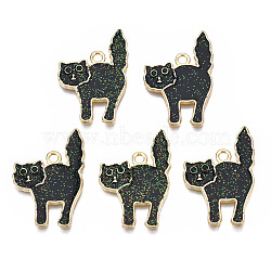 Halloween Rack Plating Alloy Enamel Pendants, Ghost, Cadmium Free & Nickel Free & Lead Free, with Emerald Rhinestone and Glitter Powder, Cat, Light Gold, 27x19x1.5mm, Hole: 1.8mm(PALLOY-N164-005LG)