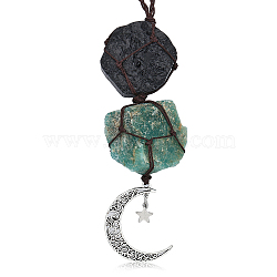 Natural Raw Tourmaline & Amazonite Pendant Decoration, Cord Macrame Car Hanging Ornament, with Alloy Moon & Star, 120mm(HJEW-WH0043-21A)