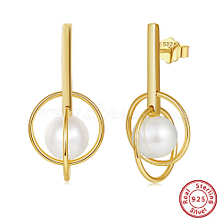 925 Sterling Silver Rectangle with Ring Dangle Stud Earrings, with Natural Baroque Pearl, with S925 Stamp, Real 14K Gold Plated, 31x15mm(EJEW-Z041-11G)