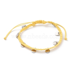 Waxed Polyester Cord Braided Bead Bracelets, with Flat Round 304 Stainless Steel Stamping Blank Tag Charms, Yellow, Inner Diameter: 2-1/4~3-7/8 inch(5.8~9.8cm)(BJEW-JB05762-05)