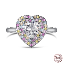 Rhodium Plated 925 Sterling Silver Heart Finger Ring with Colorful Cubic Zirconia, with S925 Stamp, Real Platinum Plated, 2.3mm, US Size 7(17.3mm)(RJEW-F150-72B-P)