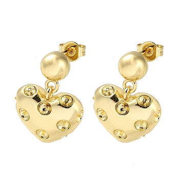 Heart Brass Stud Earrings Findings, for Half Drilled Beads, Long-Lasting Plated, Lead Free & Cadmium Free, Real 18K Gold Plated, 22x15.5mm, Pin: 0.8x11mm(for Half Drilled Beads) and 0.6mm