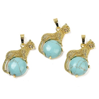 Synthetic Turquoise Ball with Leopard Shape Brass Pendants, Rack Plating, Cadmium Free & Lead Free, Long-Lasting Plated, 35x22x6.5mm, Hole: 7x3.5mm