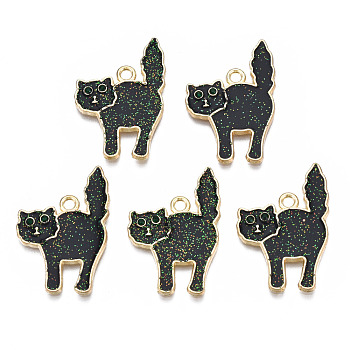 Halloween Rack Plating Alloy Enamel Pendants, Ghost, Cadmium Free & Nickel Free & Lead Free, with Emerald Rhinestone and Glitter Powder, Cat, Light Gold, 27x19x1.5mm, Hole: 1.8mm