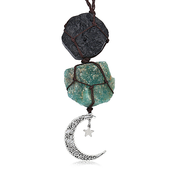 Natural Raw Tourmaline & Amazonite Pendant Decoration, Cord Macrame Car Hanging Ornament, with Alloy Moon & Star, 120mm