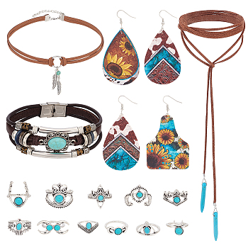 Elite Imitation Leather Oval & Teardrop Finger Rings & Multi-strand Bracelet & Dangle Earrings & Lariat Necklace with Synthetic Turquoise, Alloy Jewelry Set for Women, Mixed Color, Inner Diameter: 15.4~17.8mm, 210mm, 82~85mm, 13.62 inch(346mm)