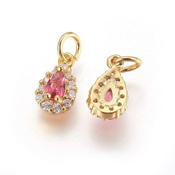 Brass Cubic Zirconia Charms, teardrop, Golden, Pale Violet Red, 11~11.5x6.5x4mm, Hole: 3mm