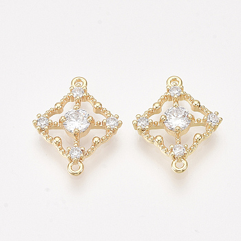 Brass Cubic Zirconia Links, Real 18K Gold Plated, Nickel Free, Rhombus, Clear, 17x14x3mm, Hole: 1mm, Diagonal Length: 17mm, Side Length: 10.5mm