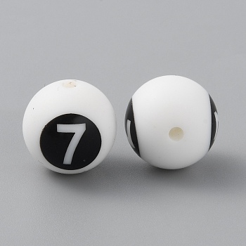 Silicone Beads, Chewing Beads For Teethers, DIY Nursing Necklaces and Bracelets Making, White Round with Black Numbers, Num.7, 13.5mm, Hole: 2.2mm