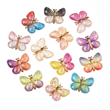 Printed Translucent Acrylic  Pendants, Golden Metal Enlaced, Butterfly, Mixed Color, 24.5~25x32x4.5mm, Hole: 1.4mm