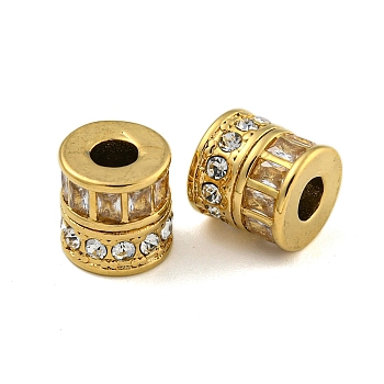 Ion Plating(IP) 304 Stainless Steel Beads, with Glass and Rhinestone, Column, Real 18K Gold Plated, 10mm, Hole: 3.5mm