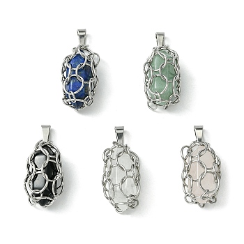 Natural Mixed Stone Stainless Steel Ring Wrapped Pointed Pendants, Faceted Bullet Charms, Stainless Steel Color, 24~25x11~12x10~11mm, Hole: 6x2.5mm