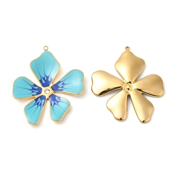 304 Stainless Steel Enamel Pendants, with Rhinestones, Real 18K Gold Plated, Flower Charm, Light Sky Blue, 37.5x33x3mm, Hole: 1.4mm