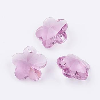 Transparent Glass Pendants, Flower, Faceted, Pink, 14x8mm, Hole: 1mm