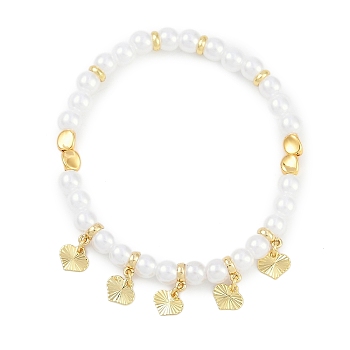 Rack Plating Brass Stretch Bracelets, with ABS Imitation Pearl Beads, Cadmium Free & Lead Free, Long-Lasting Plated, Heart, Inner Diameter: 2 inch(5cm)