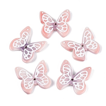 Handmade Porcelain Beads, Butterfly, Hand Painted, Famille Rose Porcelain, Pink, 33~54x48~69x7~12mm, Hole: 3mm