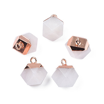 Natural Quartz Crystal Pendants, with Brass Findings, Faceted, Cube, Rose Gold, 26x19x19mm, Hole: 4mm