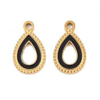 304 Stainless Steel Enamel Pendants, Teardrop Charms, Golden, Black, 15x9x1.5mm, Hole: 1.5mm