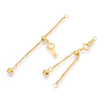 925 Sterling Silver Chain Extender, with S925 Stamp, with Clasps & Curb Chains, Real 18K Gold Plated, 50mm, Links: 53x1x0.5mm; Clasps: 8x6x1mm; Heart: 6×4×3mm, Label: 7x3x0.5mm.