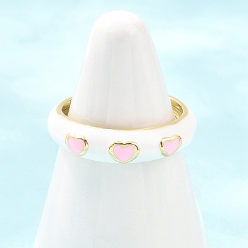 Brass Enamel Cuff Open Rings, Heart, Cadmium Free & Lead Free, Long-Lasting Plated, Rack Plating, Real 18K Gold Plated, White, 5mm, Inner Diameter: 17mm
