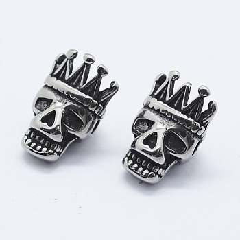 316 Surgical Stainless Steel Beads, Skull with Crown, Antique Silver, 15x10x8mm, Hole: 2mm
