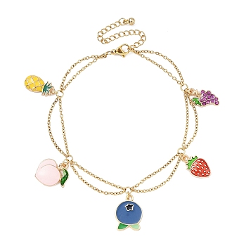 Alloy Enamel Fruit Charm Anklet, with Ion Plating(IP) Light Gold 304 Stainless Steel Cable Chains, Blueberry, 8-1/4 inch(21cm)