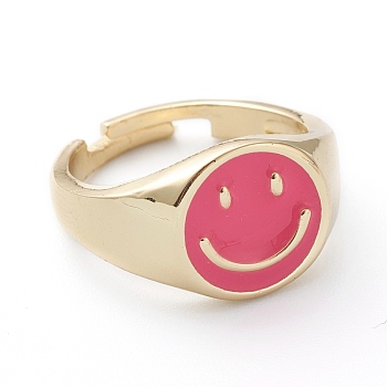 Adjustable Brass Enamel Finger Rings, Long-Lasting Plated, Smiling Face, Real 18K Gold Plated, Hot Pink, US Size 7 1/4(17.5mm)