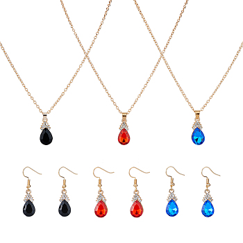 3 Sets 3 Colors Rhinestone Teardrop Dangle Earrings & Pendant Necklace, Light Gold Plated Alloy Jewelry Set for Women, Mixed Color, 423mm, 39x12.5mm, 1 Set/color