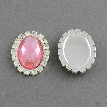 Shining Flat Back Faceted Oval Acrylic Rhinestone Cabochons, with Grade A Crystal Rhinestones and Brass Cabochon Settings, Silver Color Plated Metal Color, Pale Violet Red, 25x20x5mm