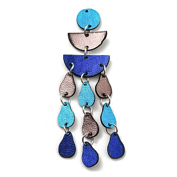 Imitation Leather Big Pendants, with Iron Ring, Teardrop & Half Round, Deep Sky Blue, 80x25x1mm, Hole: 1.4mm