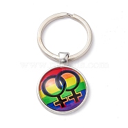 Pride Style Glass Keychain, with Platinum Plated Alloy Findings, Flat Round, Gender Symbol, 6.2cm(KEYC-F033-01H)