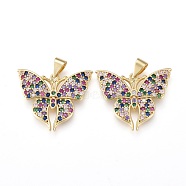 Brass Micro Pave Cubic Zirconia Pendants, Long-Lasting Plated, Butterfly, Real 18K Gold Plated, Colorful, 17.5x22x2.5mm, Hole: 3.5x4.5mm(KK-K242-11G-02)
